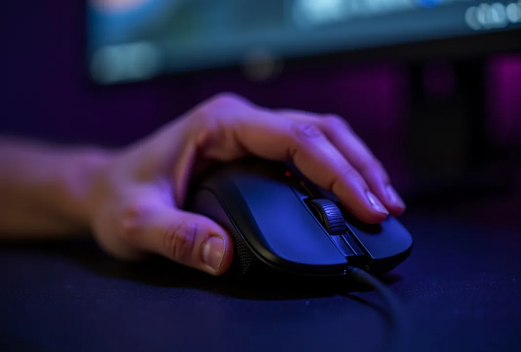 Vertical ergonomic mouse held in relaxed handshake grip with forearm muscles visibly relaxed