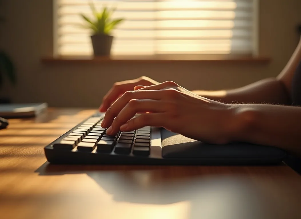 Hands resting on soft gel wrist rest in front of mechanical keyboard in warm morning light