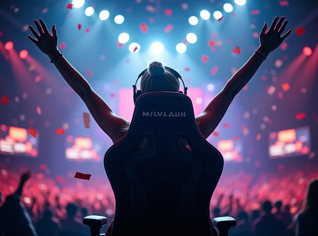 Female esports athlete celebrating victory rising from her ergonomic gaming chair