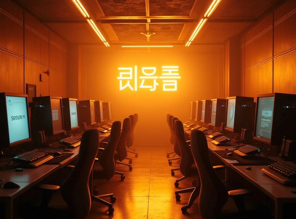 Korean PC bang interior at golden hour with ergonomic station upgrade visible