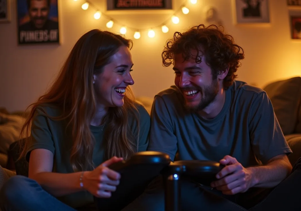Two friends unboxing an ergonomic footrest in cozy apartment gaming corner