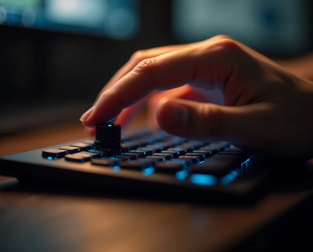 Fingers adjusting knob on negative-tilt keyboard tray under desk lamp lighting
