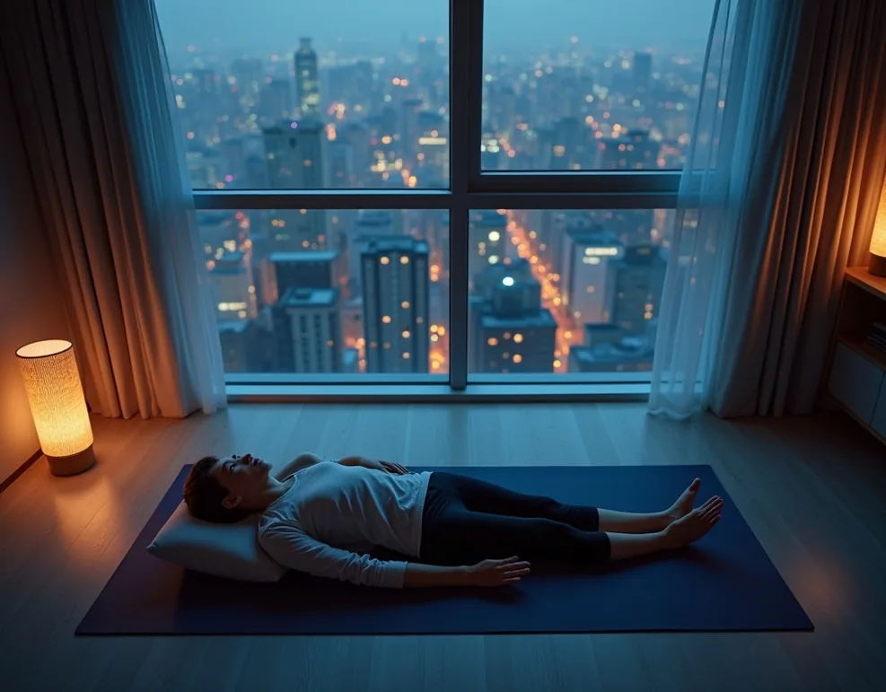 Gamer using a cervical traction pillow on a yoga mat in a minimalist apartment