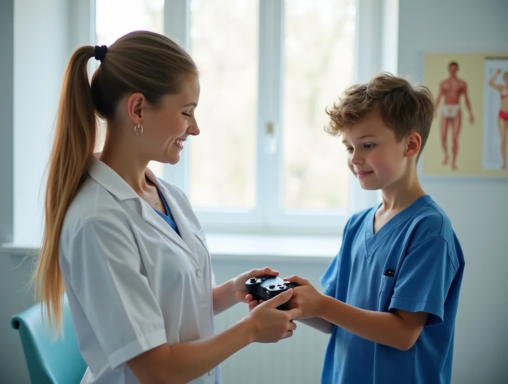 Specialist guiding a young gamer through a wrist stretching exercise in a bright recovery room