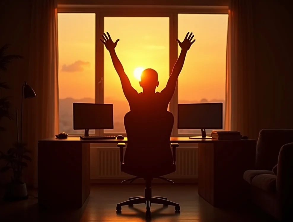 Gamer stretching beside panoramic window at sunrise with ergonomic chair nearby
