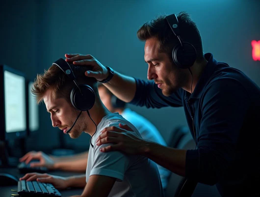 Team coach supporting seated player wearing headset during tense match break
