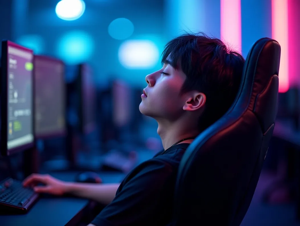 Young Korean esports player relaxing in high-end ergonomic gaming chair with neon ambient lighting