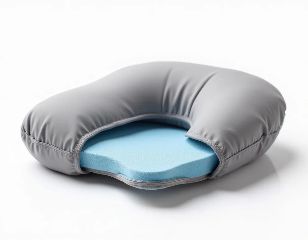 Cervical traction recovery pillow at low three-quarter angle showing graduated curve design
