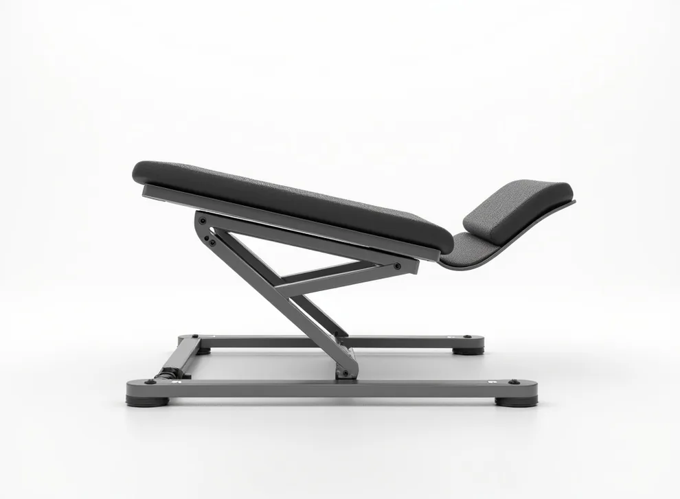 Adjustable ergonomic footrest tilted at thirty degrees shown in side profile studio shot