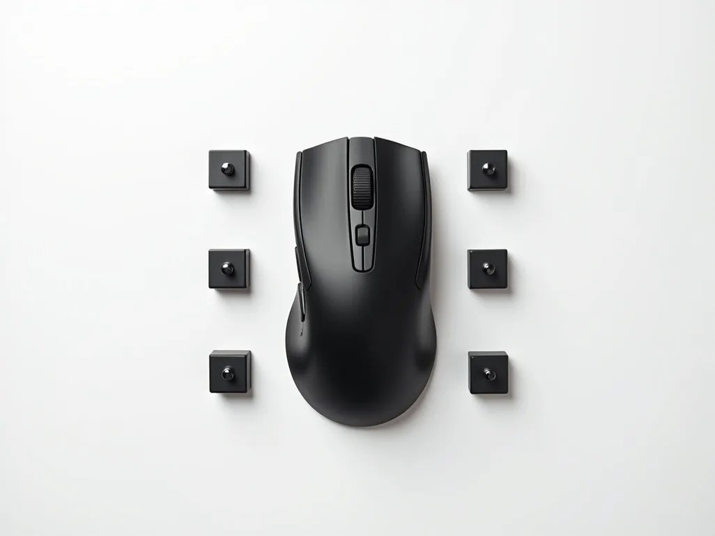 Vertical ergonomic gaming mouse with metal counterweights arranged in flat lay composition